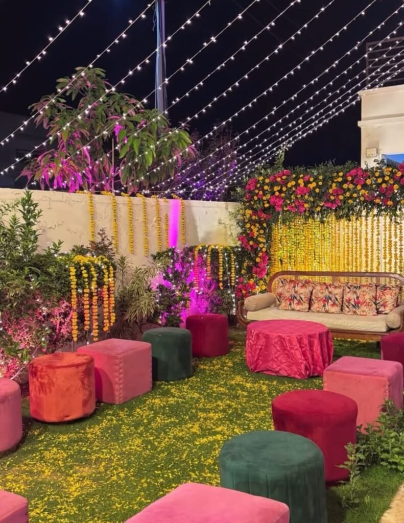 cute setup for mehndi at garden