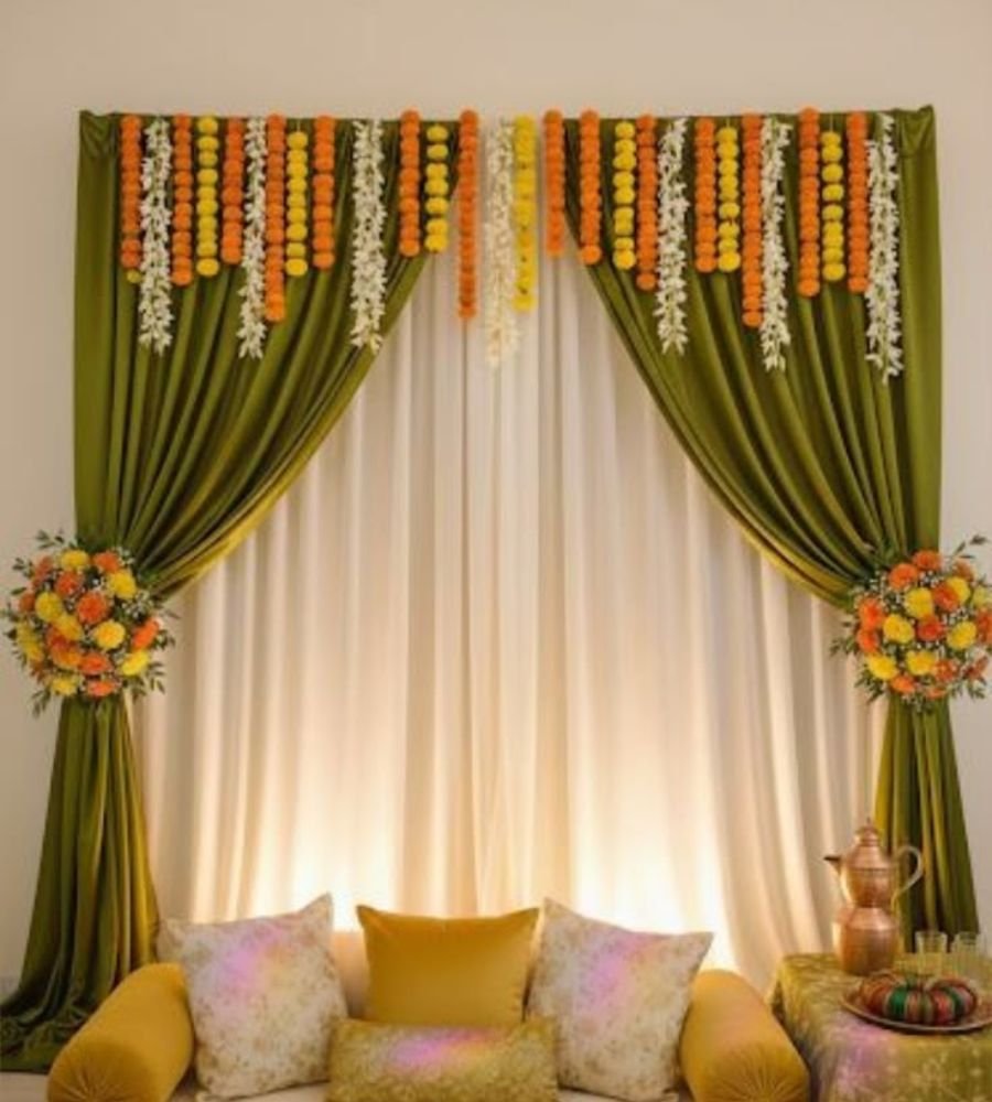 elegant mehndi decor setup in drawing room